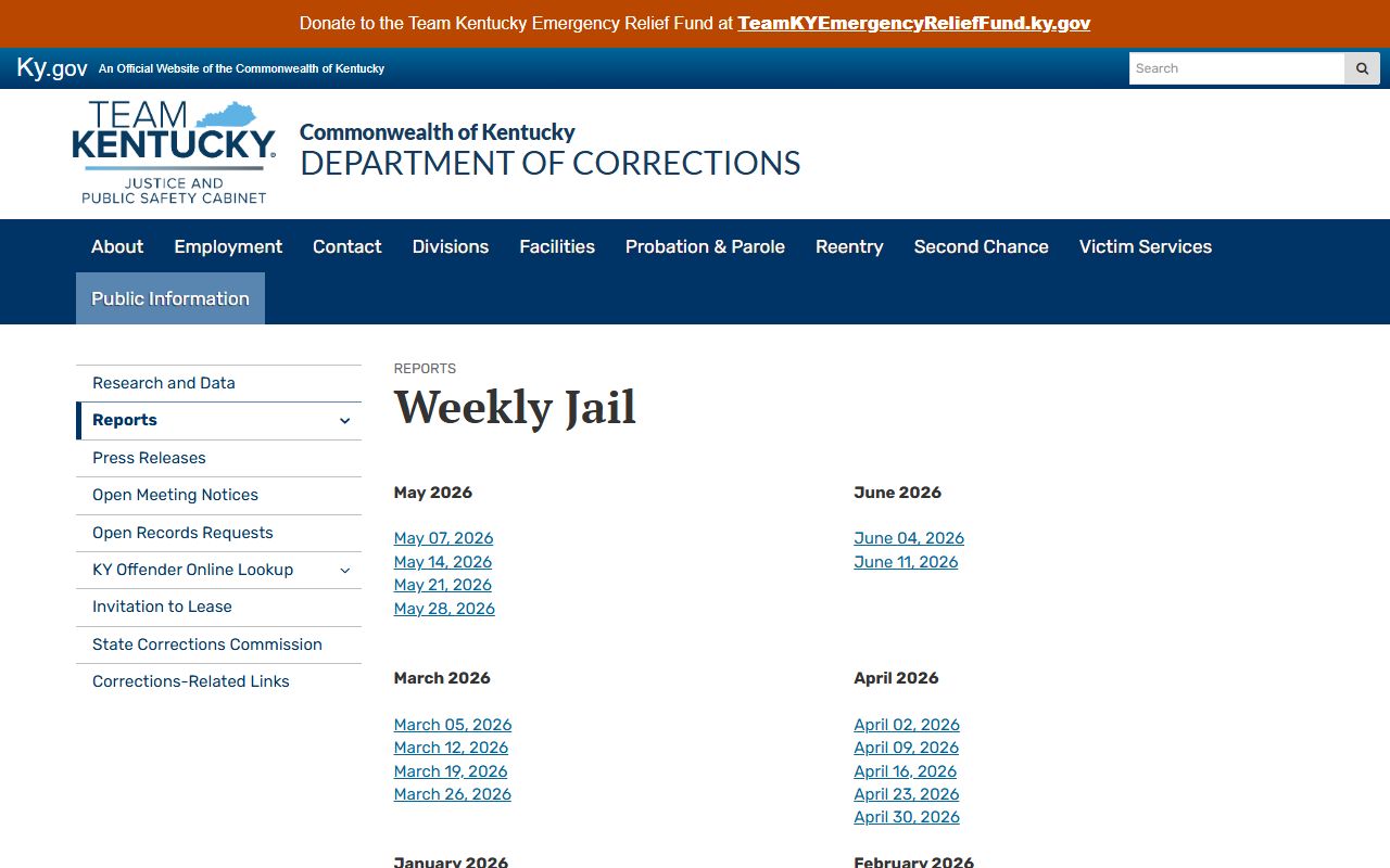 Washington County inmate population Kentucky DOC weekly jail report